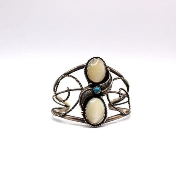 Albert Yazzie Sterling Silver Mother of Pearl with Turquoise Cabochon Cuff Brace - Picture 3 of 8